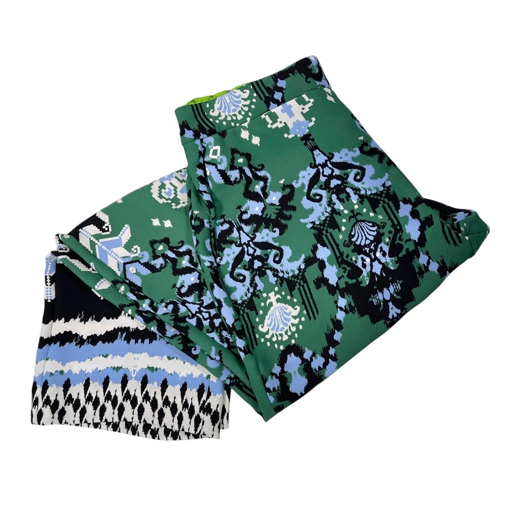 Chico's 0.5 6 Green Wide Leg Pants Damask Border Print Elastic Waist Boho Mod